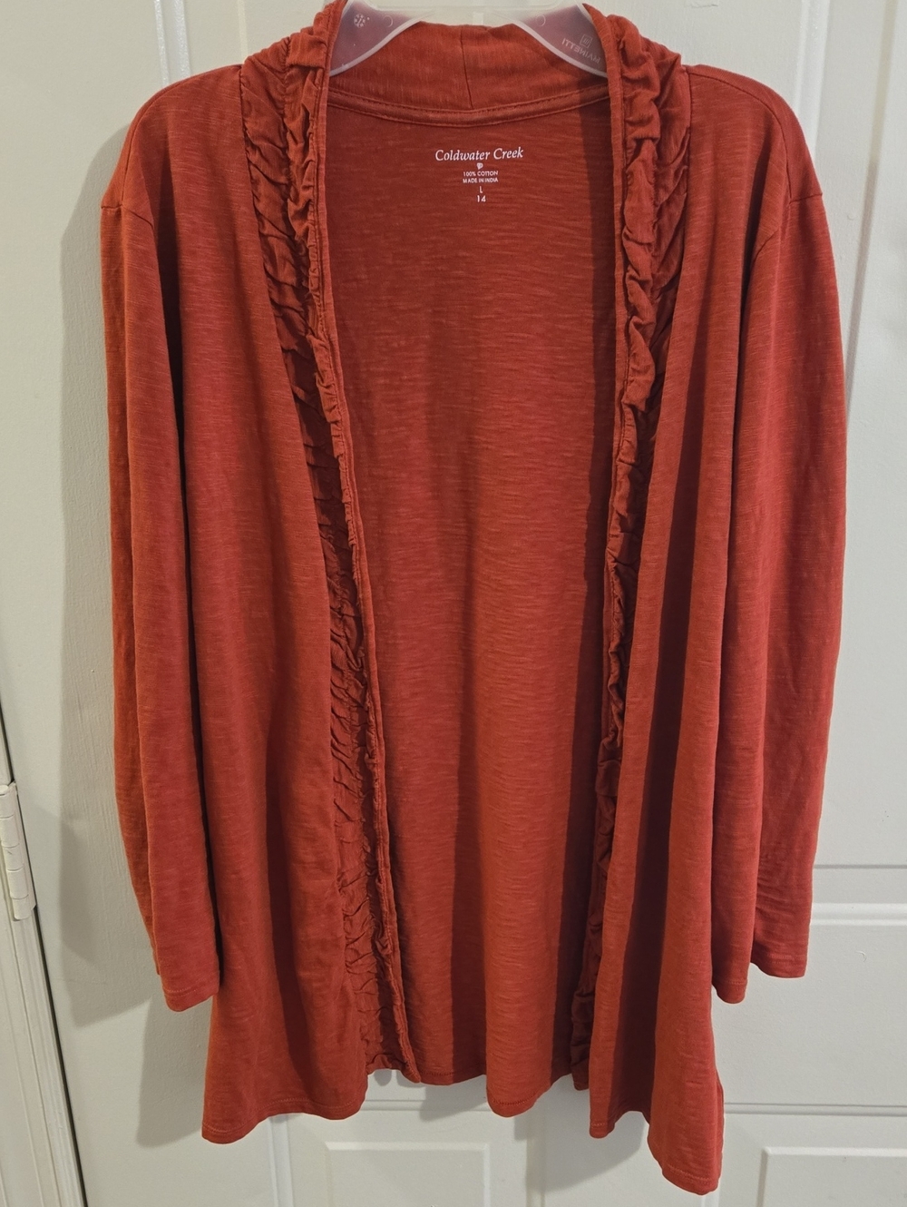 Coldwater Creek Open Front Cardigan L Cotton Ruffled Terracotta Orange Festival